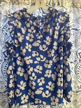 Blue Floral Cold-Shoulder Blouse